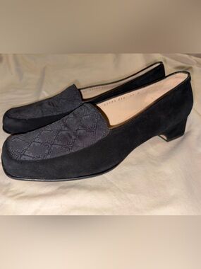 Salvatore Ferragamo Black Suede Jacquard Square Toe Pumps 9.5 B Italy
